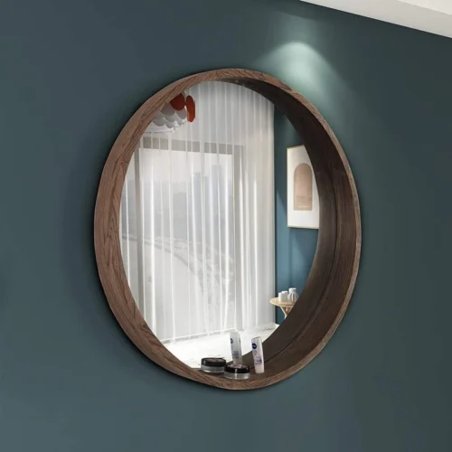 Selena Round Bathroom Mirror with Natural Wood Frame - Image 4