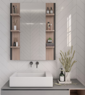 Giulia mirror with wooden frame and storage shelves.