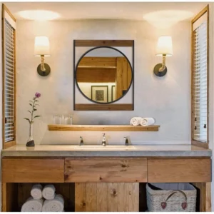 Sian round wall mirror with square wooden frame - Image 3