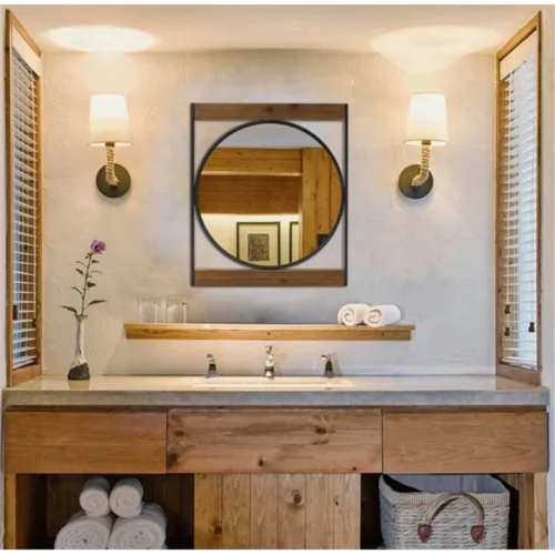 Sian round wall mirror with square wooden frame - Image 3