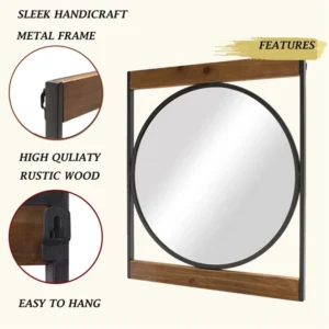Sian round wall mirror with square wooden frame - Image 4