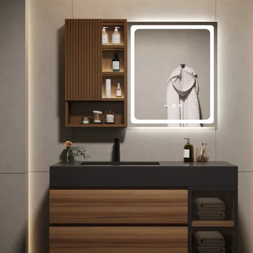 0008575 39 led lighted bathroom mirror with side cabinet wooden wall mounted
