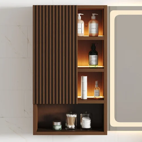 0008576 39 led lighted bathroom mirror with side cabinet wooden wall mounted