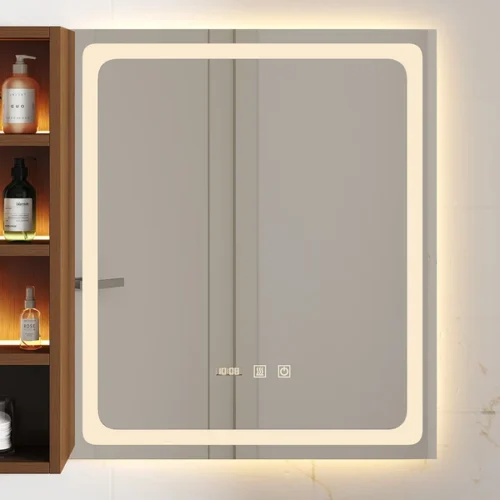 0008577 39 led lighted bathroom mirror with side cabinet wooden wall mounted