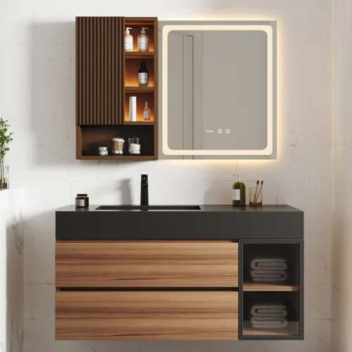 0008578 39 led lighted bathroom mirror with side cabinet wooden wall mounted