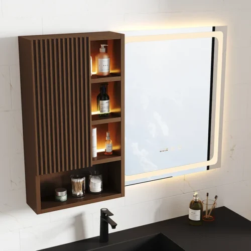 0008579 39 led lighted bathroom mirror with side cabinet wooden wall mounted