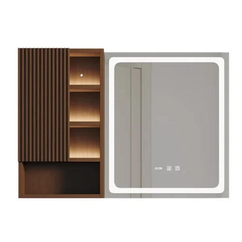 0008580 39 led lighted bathroom mirror with side cabinet wooden wall mounted