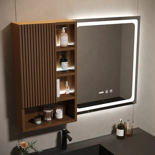 0008581 39 led lighted bathroom mirror with side cabinet wooden wall mounted