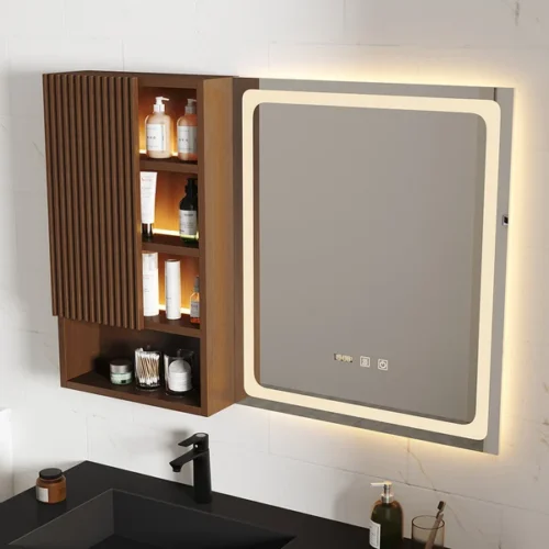 0008583 39 led lighted bathroom mirror with side cabinet wooden wall mounted