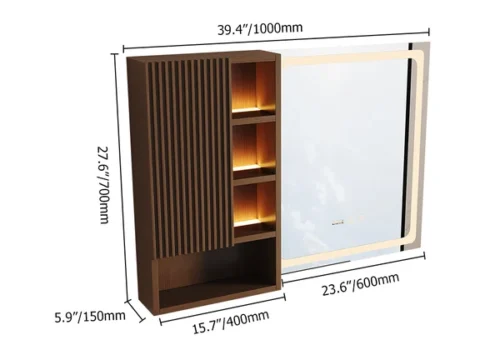 0008584 39 led lighted bathroom mirror with side cabinet wooden wall mounted