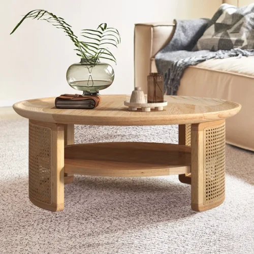 0009027 2 tiered japandi round wood coffee table with rattan base