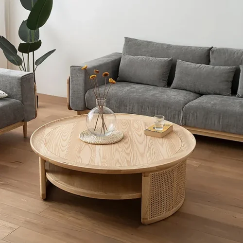 0009032 2 tiered japandi round wood coffee table with rattan base