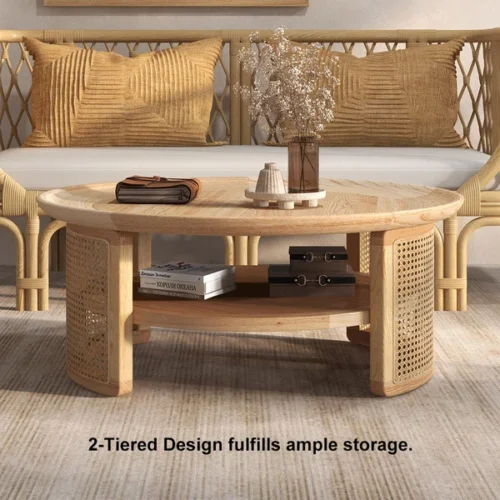 0009033 2 tiered japandi round wood coffee table with rattan base