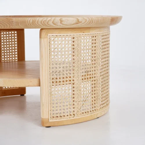 0009034 2 tiered japandi round wood coffee table with rattan base