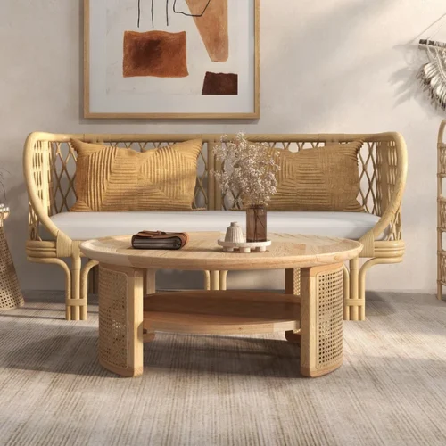 0009035 2 tiered japandi round wood coffee table with rattan base