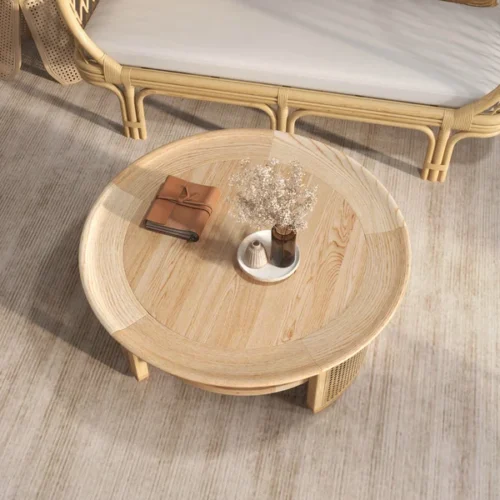 0009036 2 tiered japandi round wood coffee table with rattan base