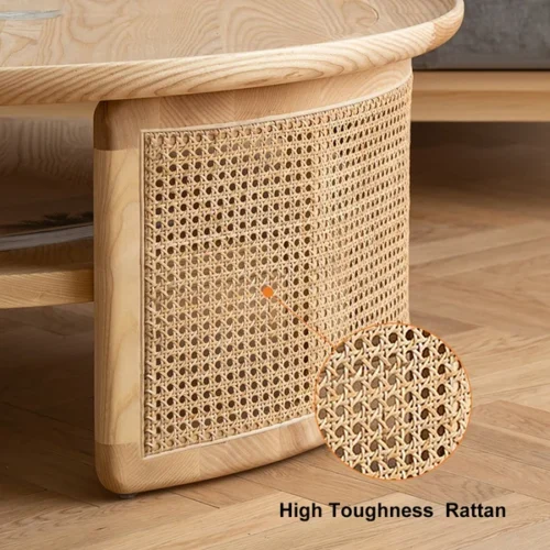 0009037 2 tiered japandi round wood coffee table with rattan base