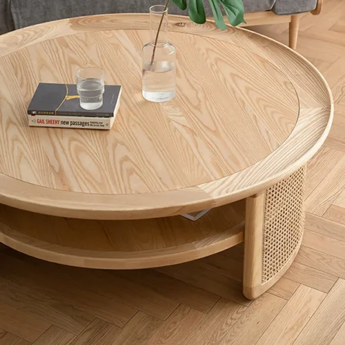 0009038 2 tiered japandi round wood coffee table with rattan base
