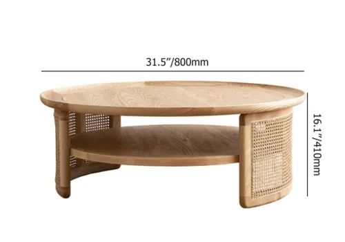 0009040 2 tiered japandi round wood coffee table with rattan base