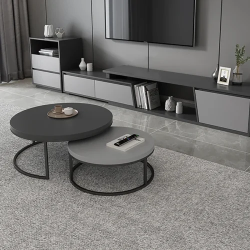 0009042 fero 2 pieces modern wood gray black round nesting coffee table for living room