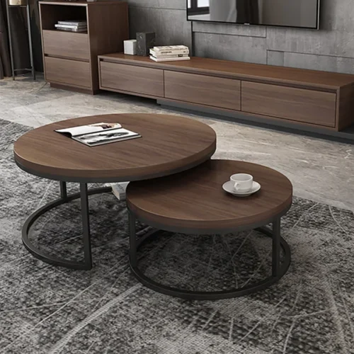 0009047 fero 2 pieces modern wood gray black round nesting coffee table for living room