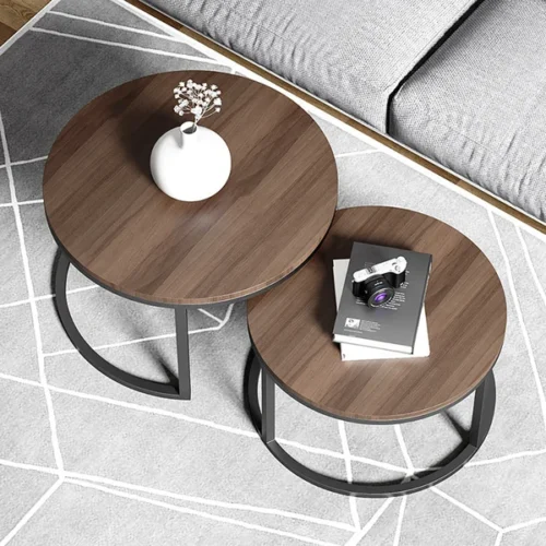 0009049 fero 2 pieces modern wood gray black round nesting coffee table for living room