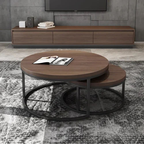 0009050 fero 2 pieces modern wood gray black round nesting coffee table for living room