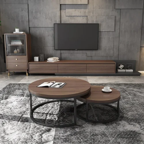 0009051 fero 2 pieces modern wood gray black round nesting coffee table for living room