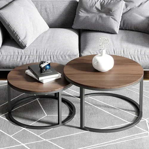 0009052 fero 2 pieces modern wood gray black round nesting coffee table for living room