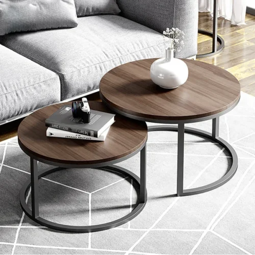 0009054 fero 2 pieces modern wood gray black round nesting coffee table for living room