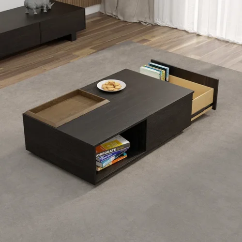 0009090 crator rectangular wood coffee table with drawer removable tray top black walnut a