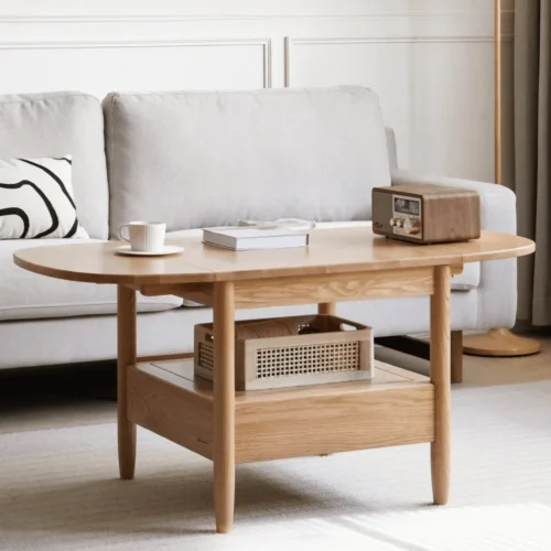 0012341 multifunctional rectangular coffee table in natural wood solid wood with 4 legs and locking wheels