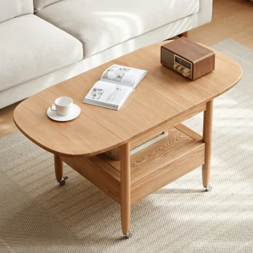 0012342 multifunctional rectangular coffee table in natural wood solid wood with 4 legs and locking wheels