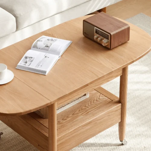 0012343 multifunctional rectangular coffee table in natural wood solid wood with 4 legs and locking wheels
