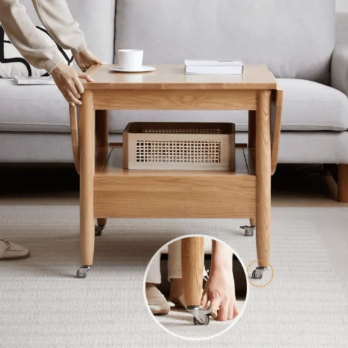 0012345 multifunctional rectangular coffee table in natural wood solid wood with 4 legs and locking wheels