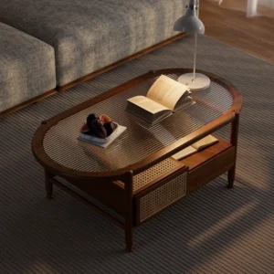 Nature Wood Glass Coffee Tables Rattan Leisure with 4 Drawers