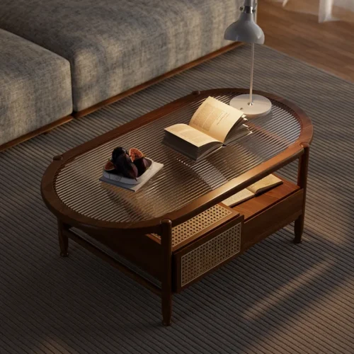 Nature Wood Glass Coffee Tables Rattan Leisure with 4 Drawers