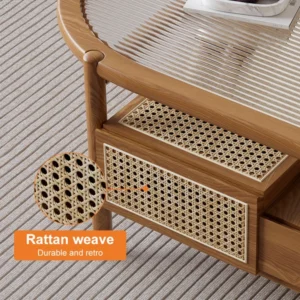 Nature Wood Glass Coffee Tables Rattan Leisure with 4 Drawers