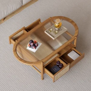 Nature Wood Glass Coffee Tables Rattan Leisure with 4 Drawers