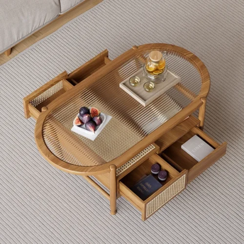 Nature Wood Glass Coffee Tables Rattan Leisure with 4 Drawers