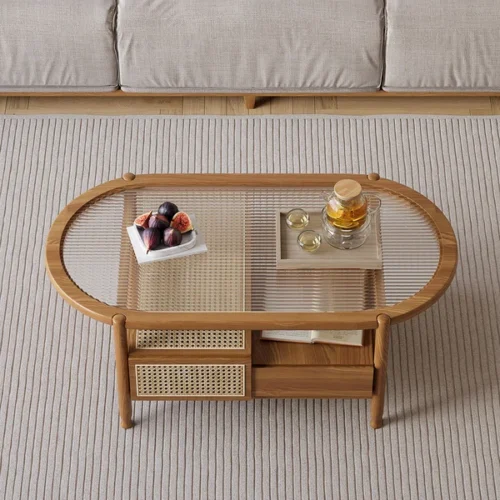 Nature Wood Glass Coffee Tables Rattan Leisure with 4 Drawers