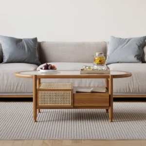 Nature Wood Glass Coffee Tables Rattan Leisure with 4 Drawers