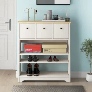 Snavy white shoe rack with 3 drawers