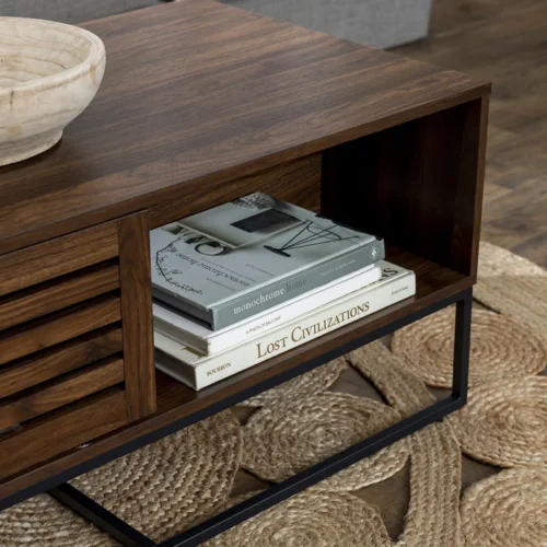 0006504 trevo wood and metal coffee table with storage