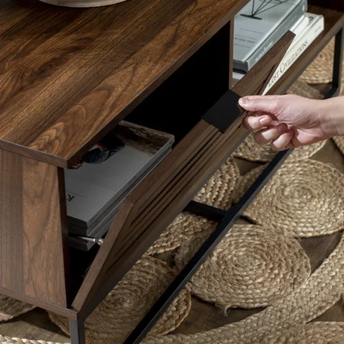0006505 trevo wood and metal coffee table with storage