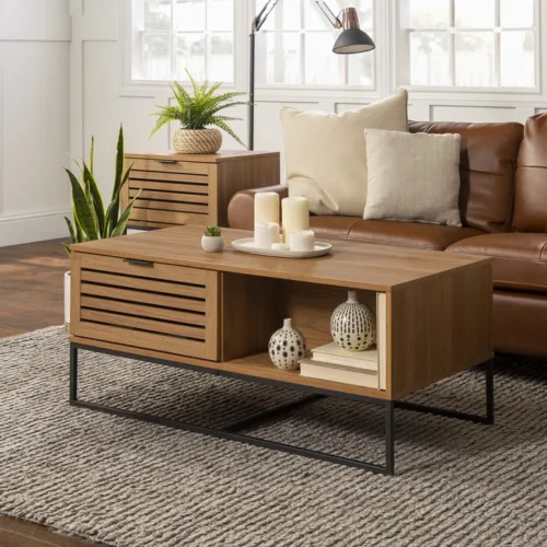 0006517 trevo wood and metal coffee table with storage