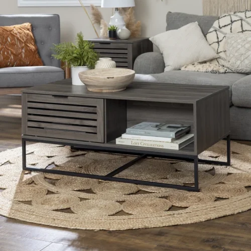 0006532 trevo wood and metal coffee table with storage