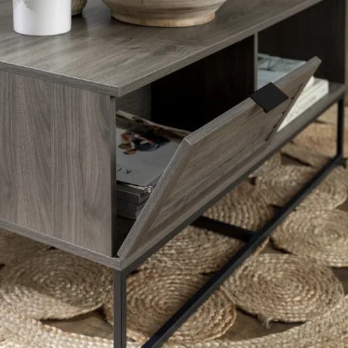 0006535 trevo wood and metal coffee table with storage