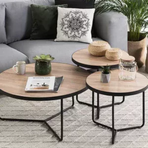 0012198 set of 3 coffee tables light wood with black melody