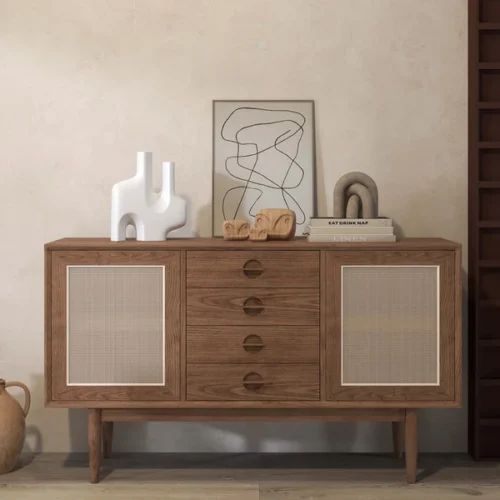 0009556 cottage walnut sideboard buffet rattan with 2 doors 4 drawers